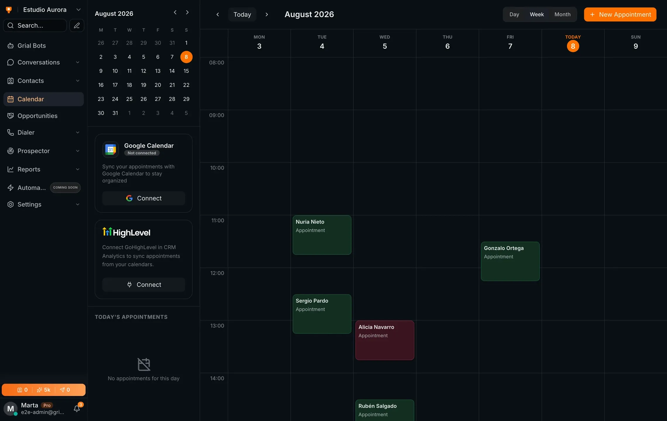 Calendario de Grialink con las citas del día y su estado de confirmación