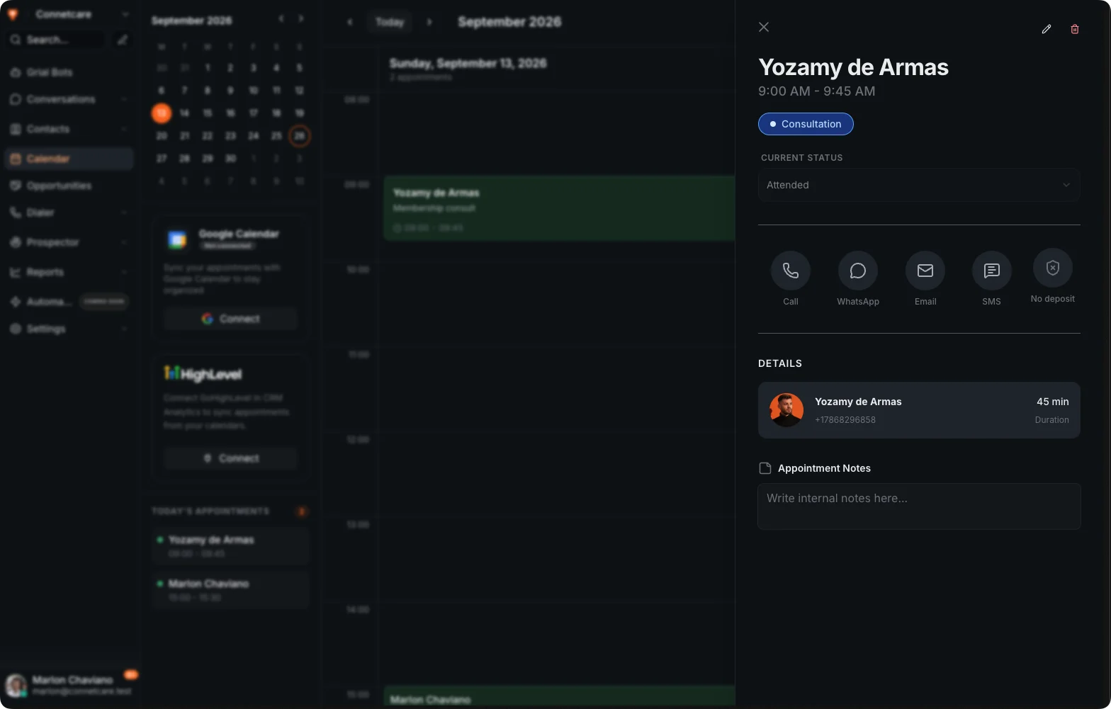 Vista del día en el calendario de Grialink, con una cita abierta y su estado