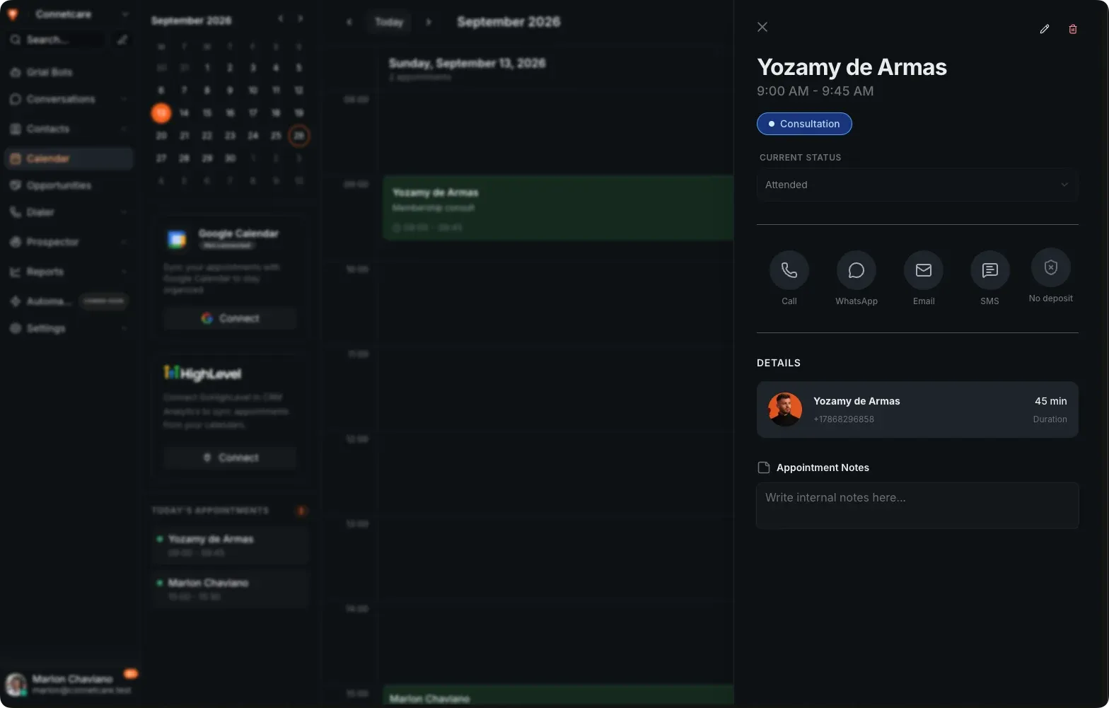 Una cita de Grialink abierta en el calendario, con su estado, los datos del contacto y las formas de contactarle