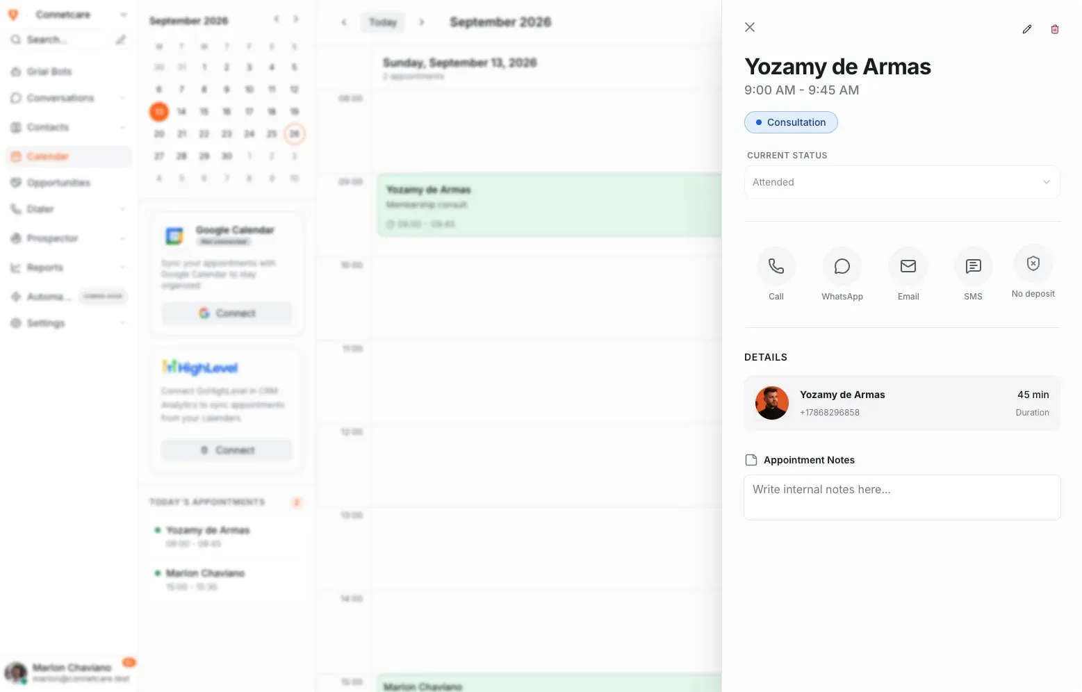 Una cita de Grialink abierta en el calendario, con su estado, los datos del contacto y las formas de contactarle