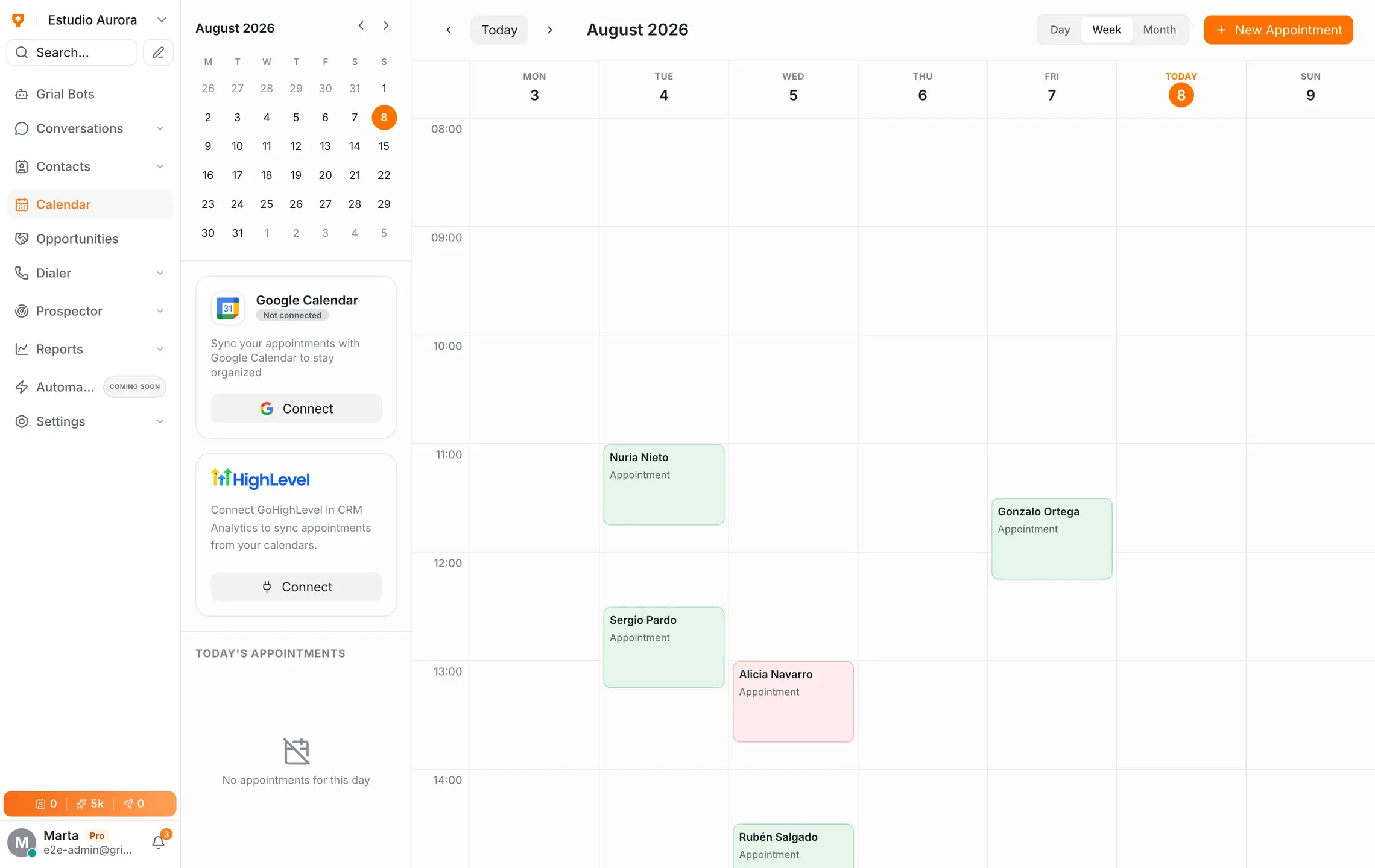 Calendario de Grialink con las citas del día y su estado de confirmación