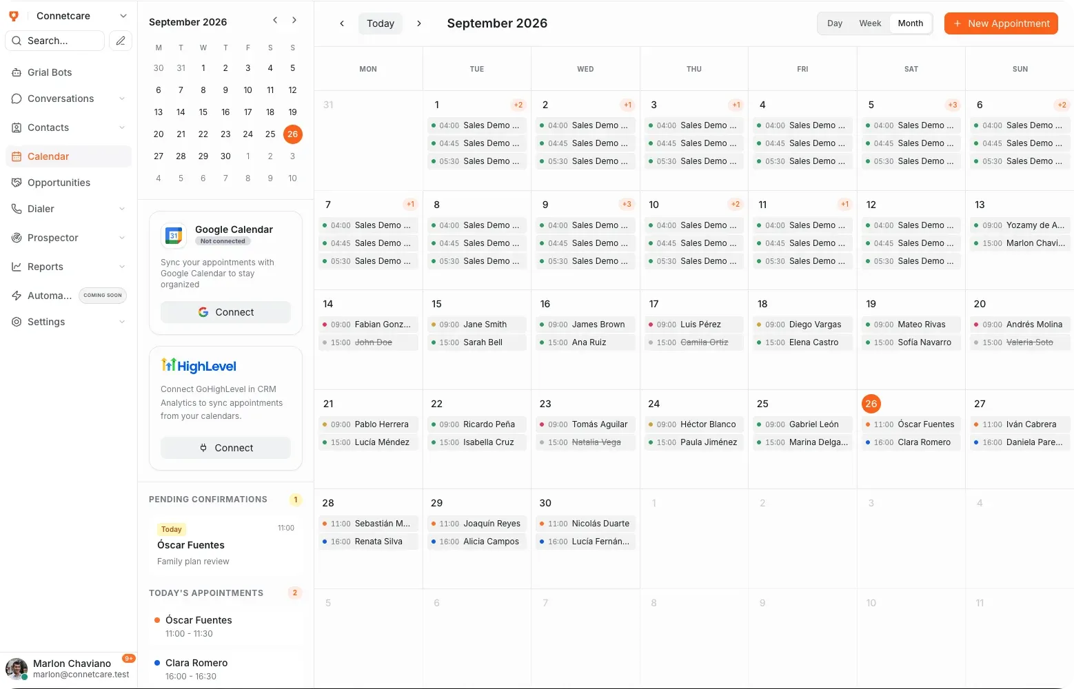 El calendario de Grialink con las citas de la semana y su estado de confirmación