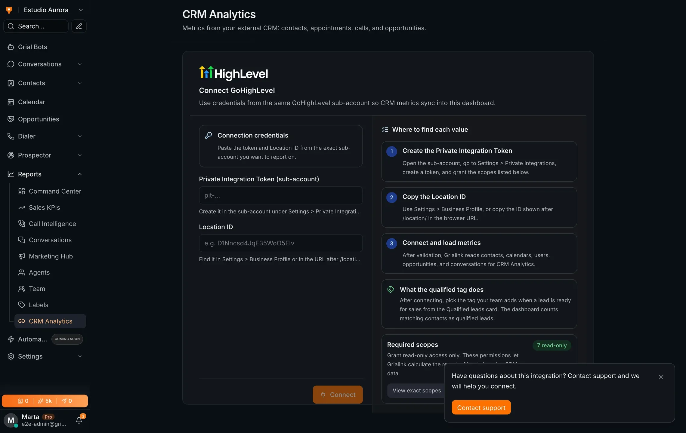 Pantalla de CRM Analytics de Grialink con el formulario de conexión a GoHighLevel