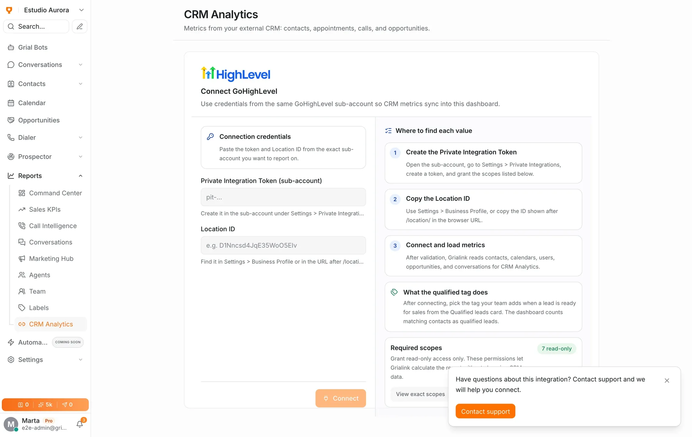 Pantalla de CRM Analytics de Grialink con el formulario de conexión a GoHighLevel