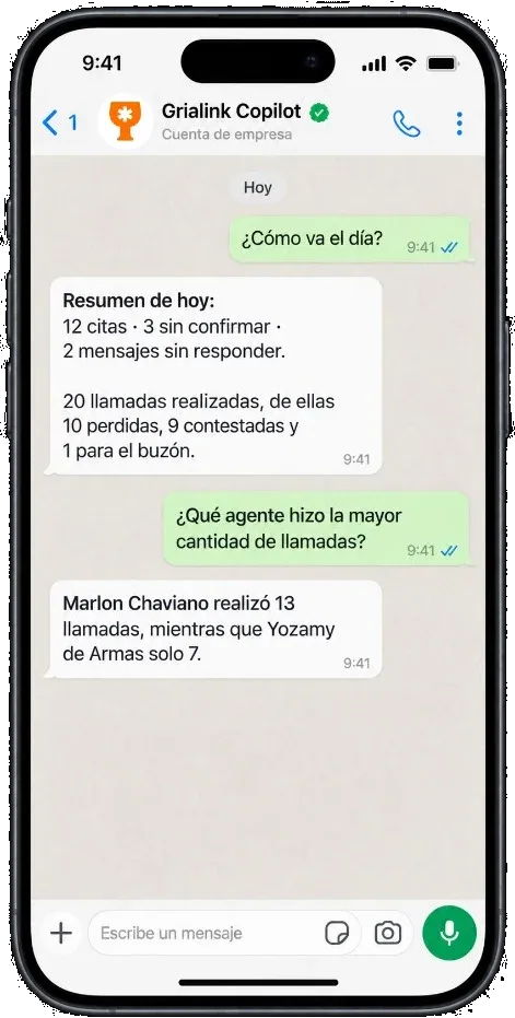 Una conversación de WhatsApp con Grialink Copilot mostrando el informe de la mañana