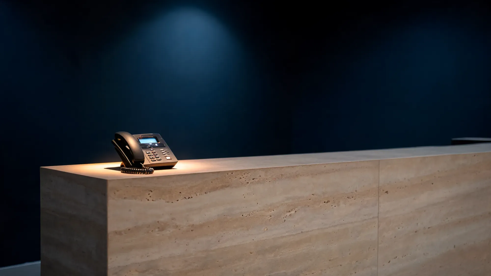 Mostrador de recepción vacío de noche con el teléfono descolgado e iluminado