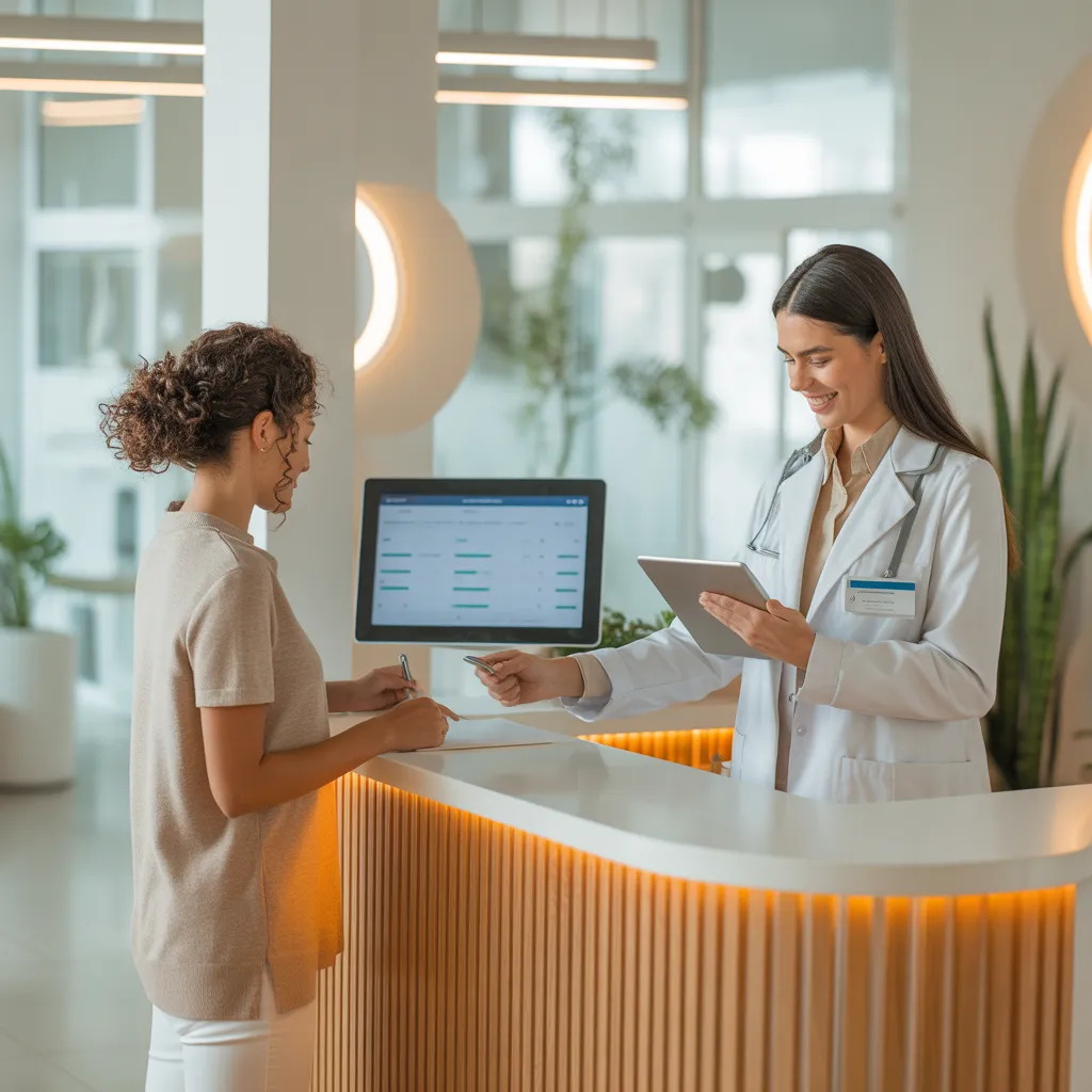Recepción de clínica moderna con tecnología integrada