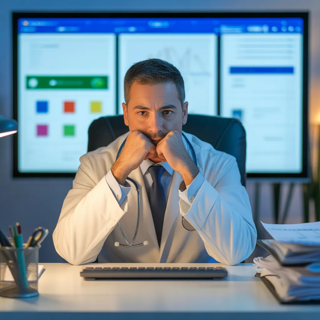 Profesional de la salud frustrado con sistemas manuales