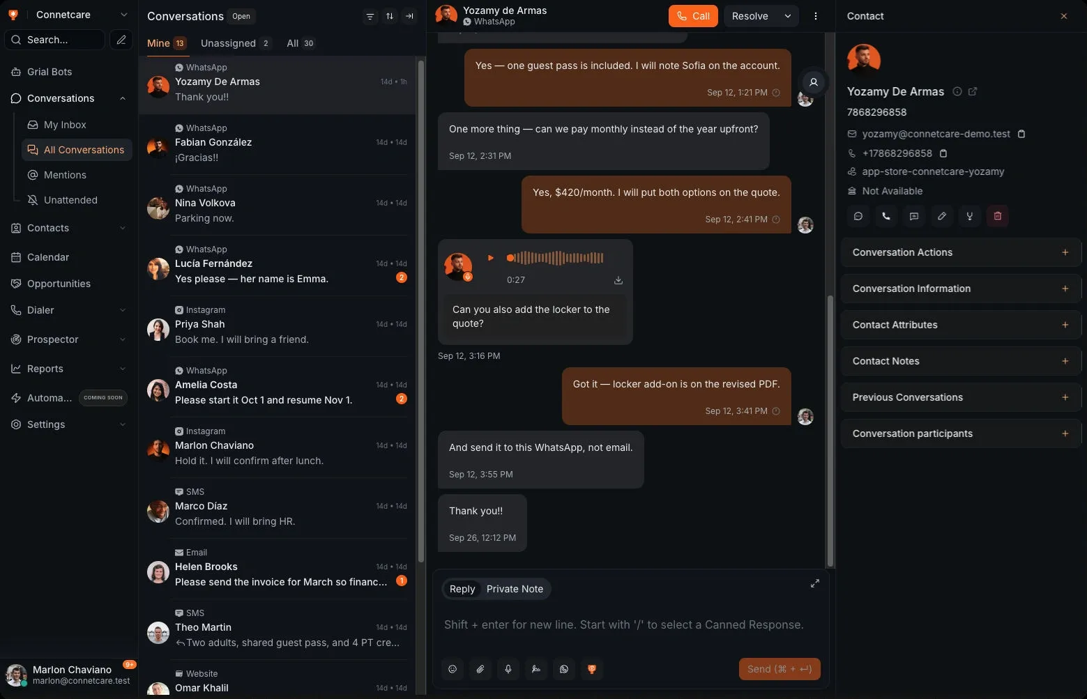 The Grialink inbox showing a WhatsApp conversation with a client and the internal team note