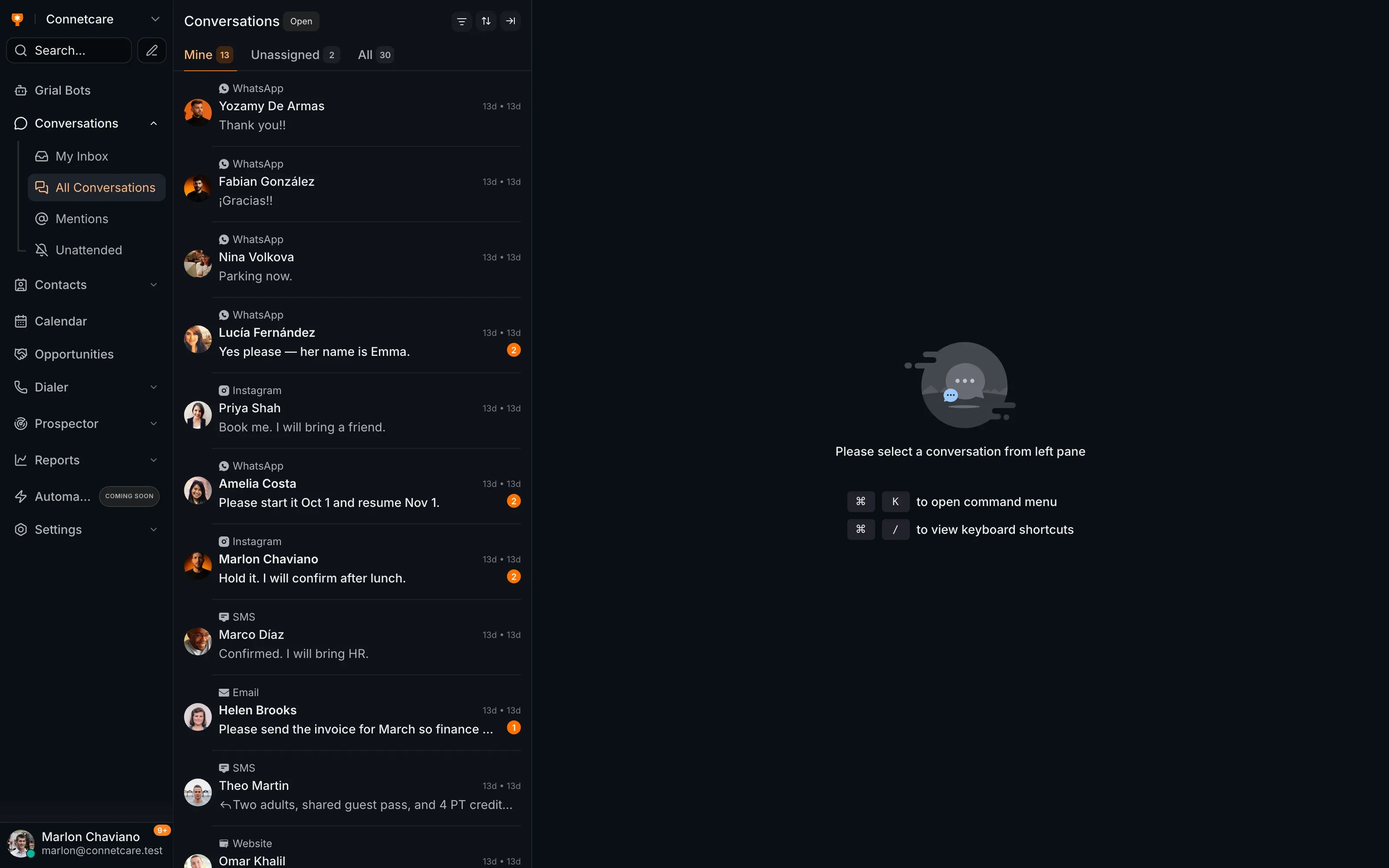 The Grialink shared inbox showing incoming client conversations across channels