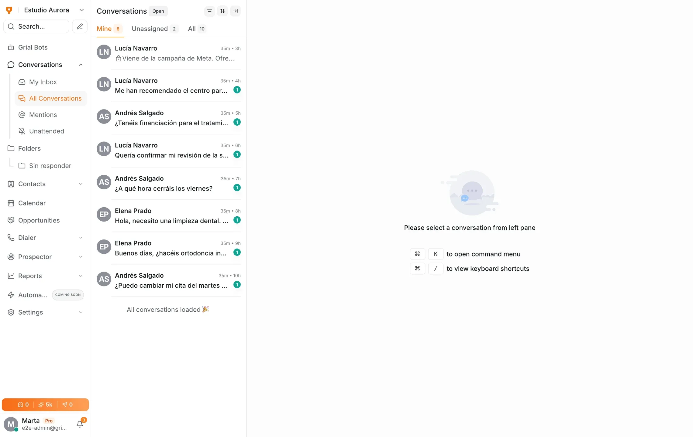 Bandeja de conversaciones de Grialink con los mensajes de clientes del día