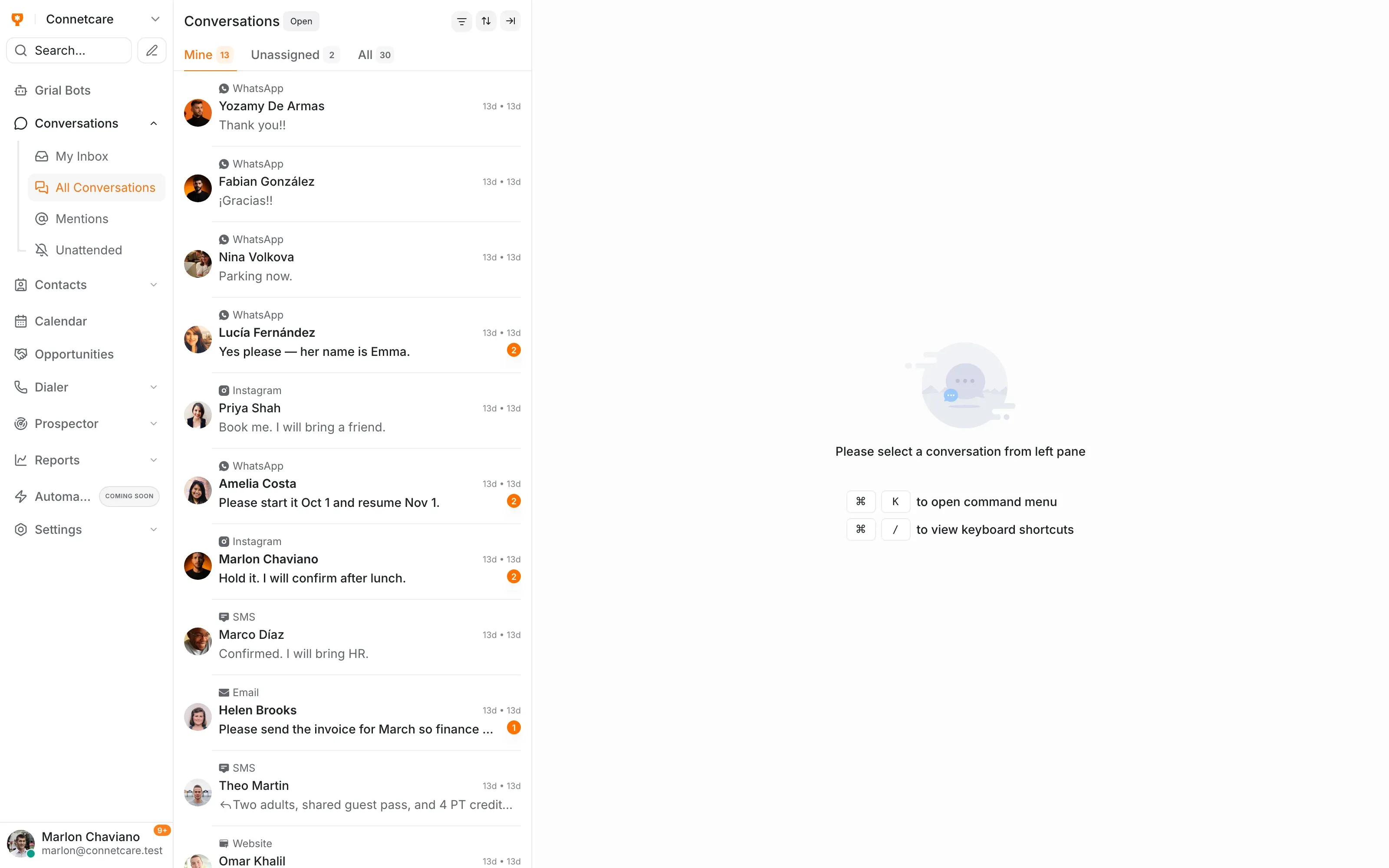 The Grialink shared inbox showing incoming client conversations across channels