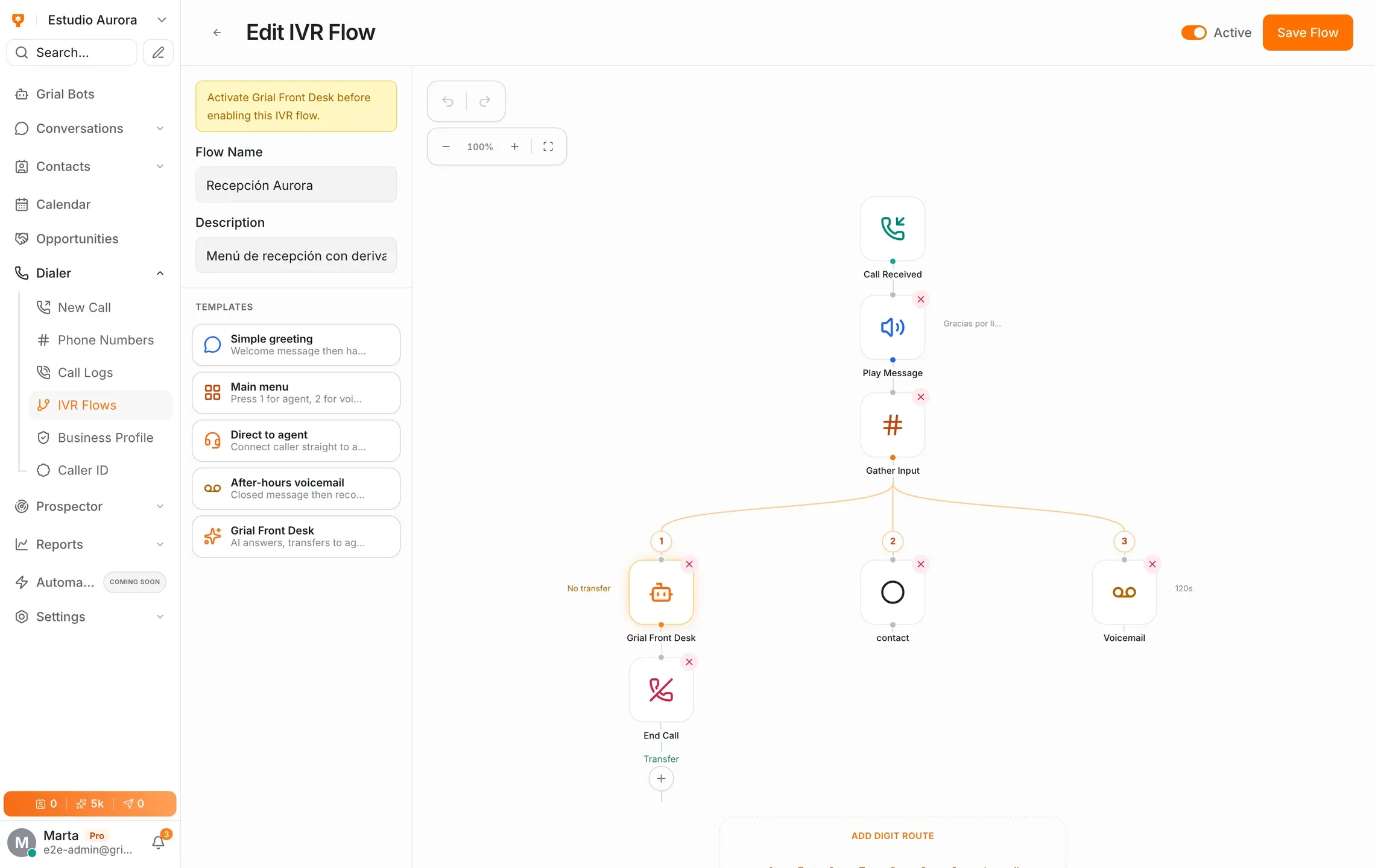 Constructor de IVR de Grialink con un árbol de nodos conectados, incluido el de Grial Front Desk