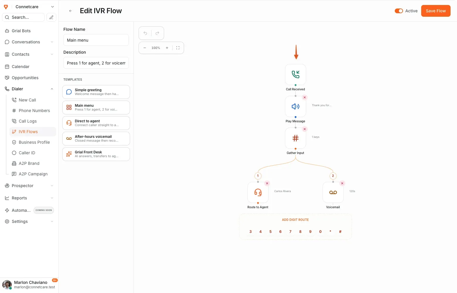 La lista de flujos IVR de Grialink con los flujos de enrutado configurados