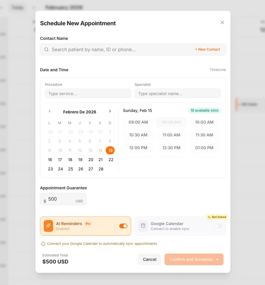 Modal de crear cita con datos del paciente y sincronización de calendario