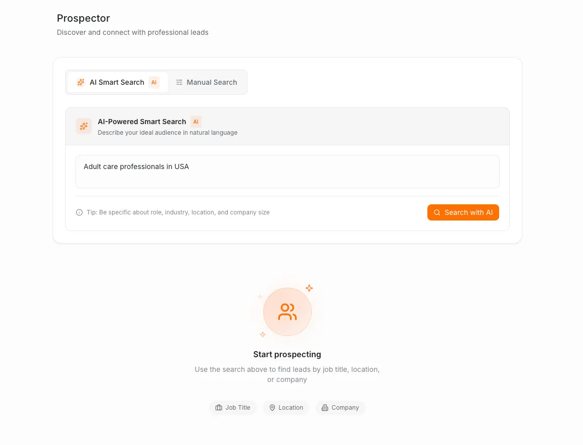 Interfaz de búsqueda de Prospector AI con consulta en lenguaje natural
