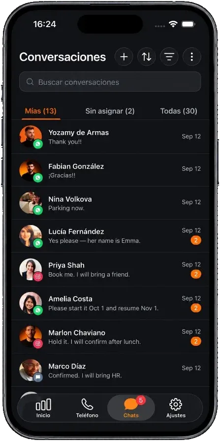 Grialink app on iPhone, conversations inbox