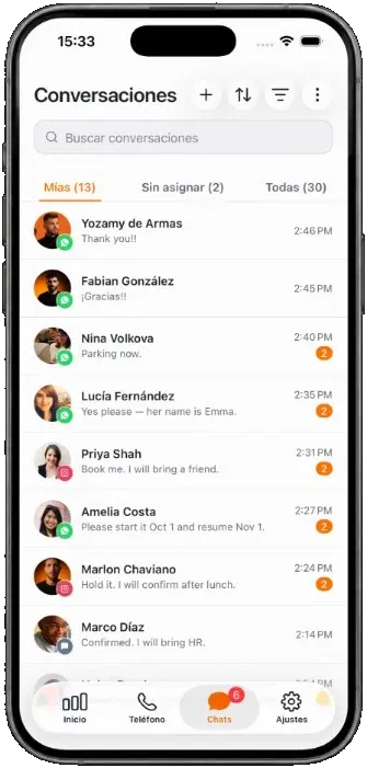 Grialink app on iPhone, conversations inbox