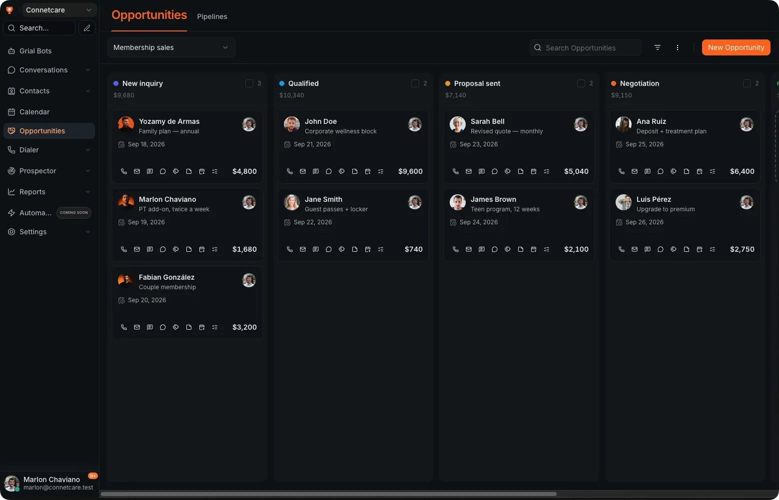 The Grialink opportunities pipeline in a Kanban view, organised by stage