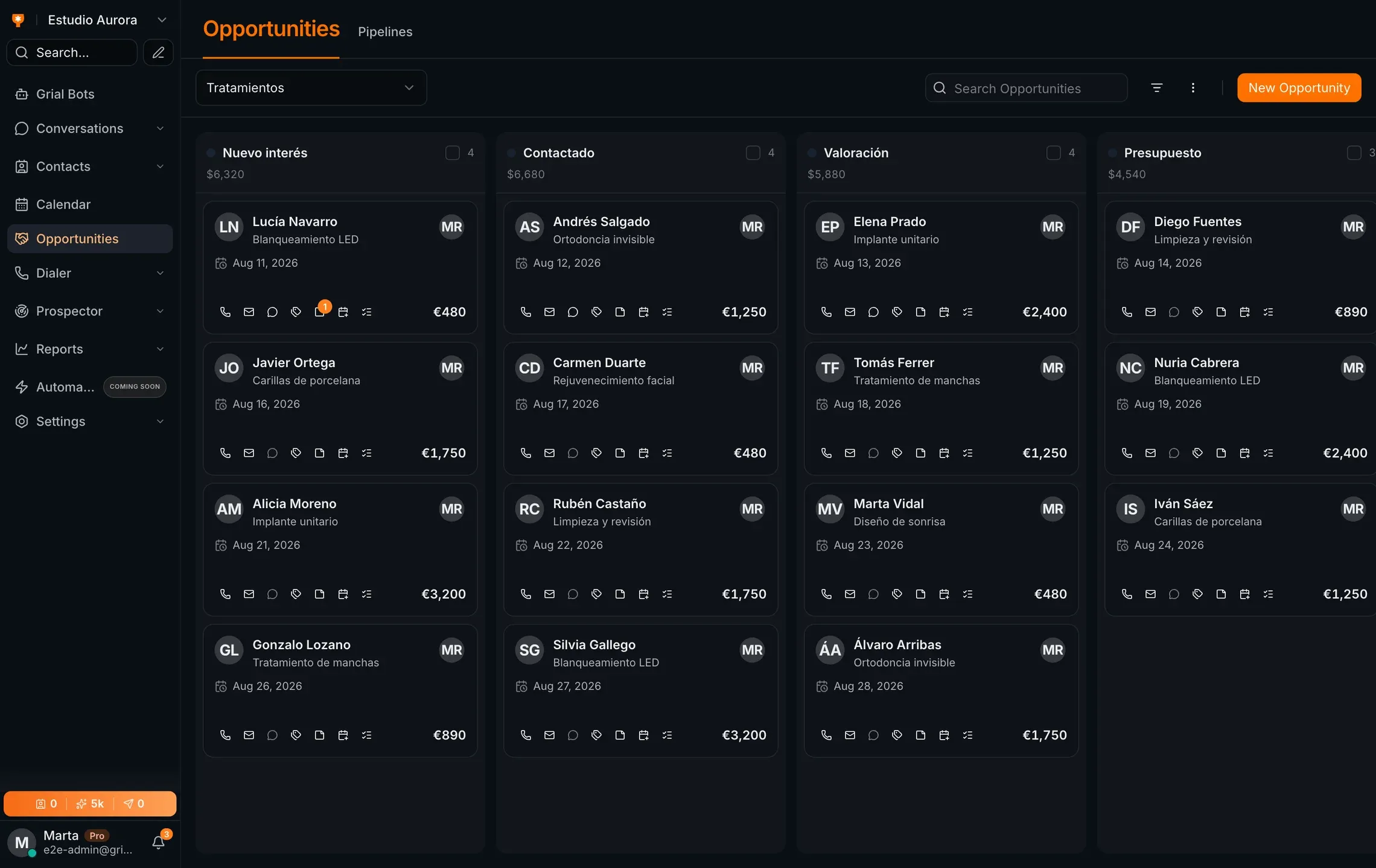 Pipeline de oportunidades de Grialink en vista Kanban por etapas