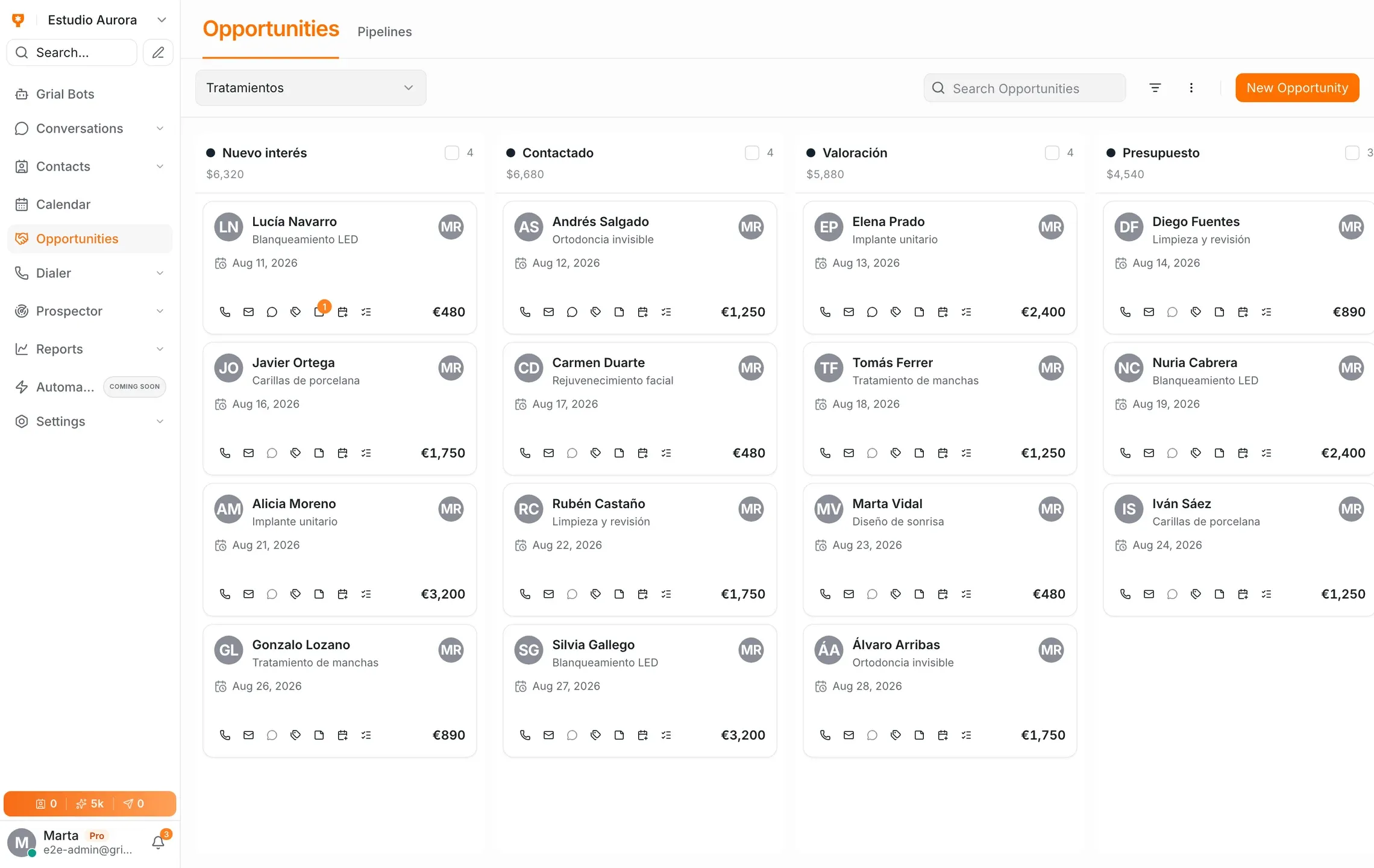 Pipeline de oportunidades de Grialink en vista Kanban por etapas
