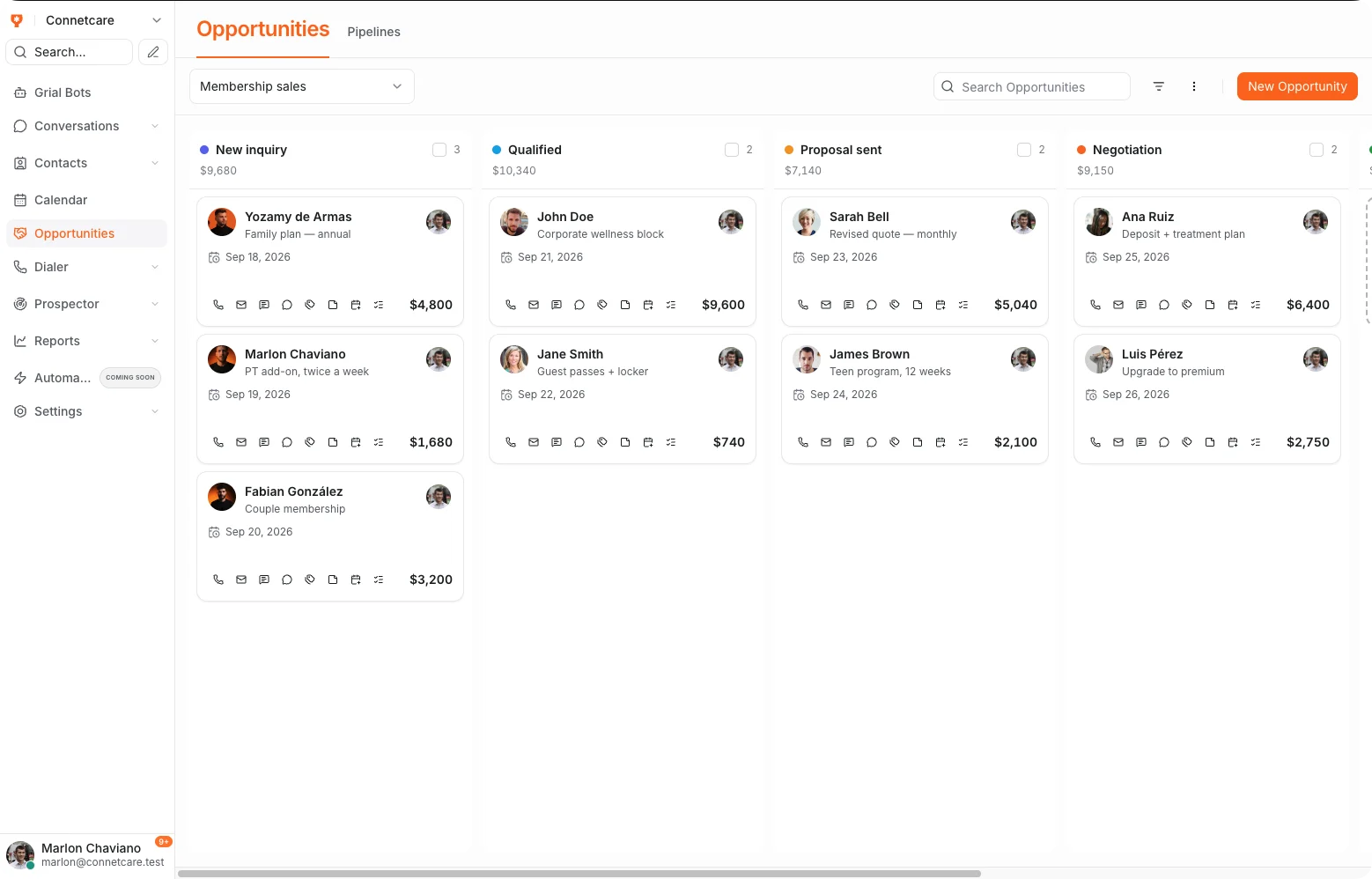 Pipeline de oportunidades de Grialink en vista Kanban por etapas