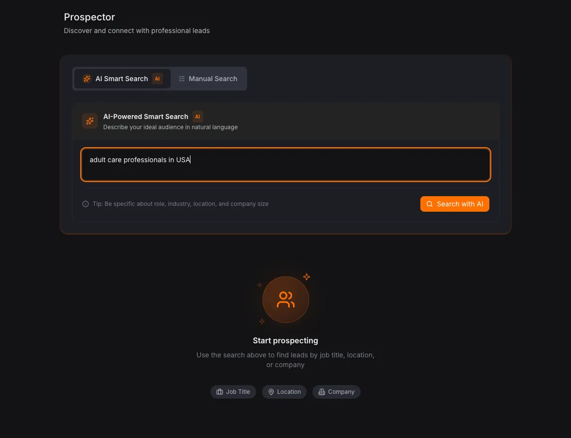 Interfaz de búsqueda de Prospector AI con consulta en lenguaje natural