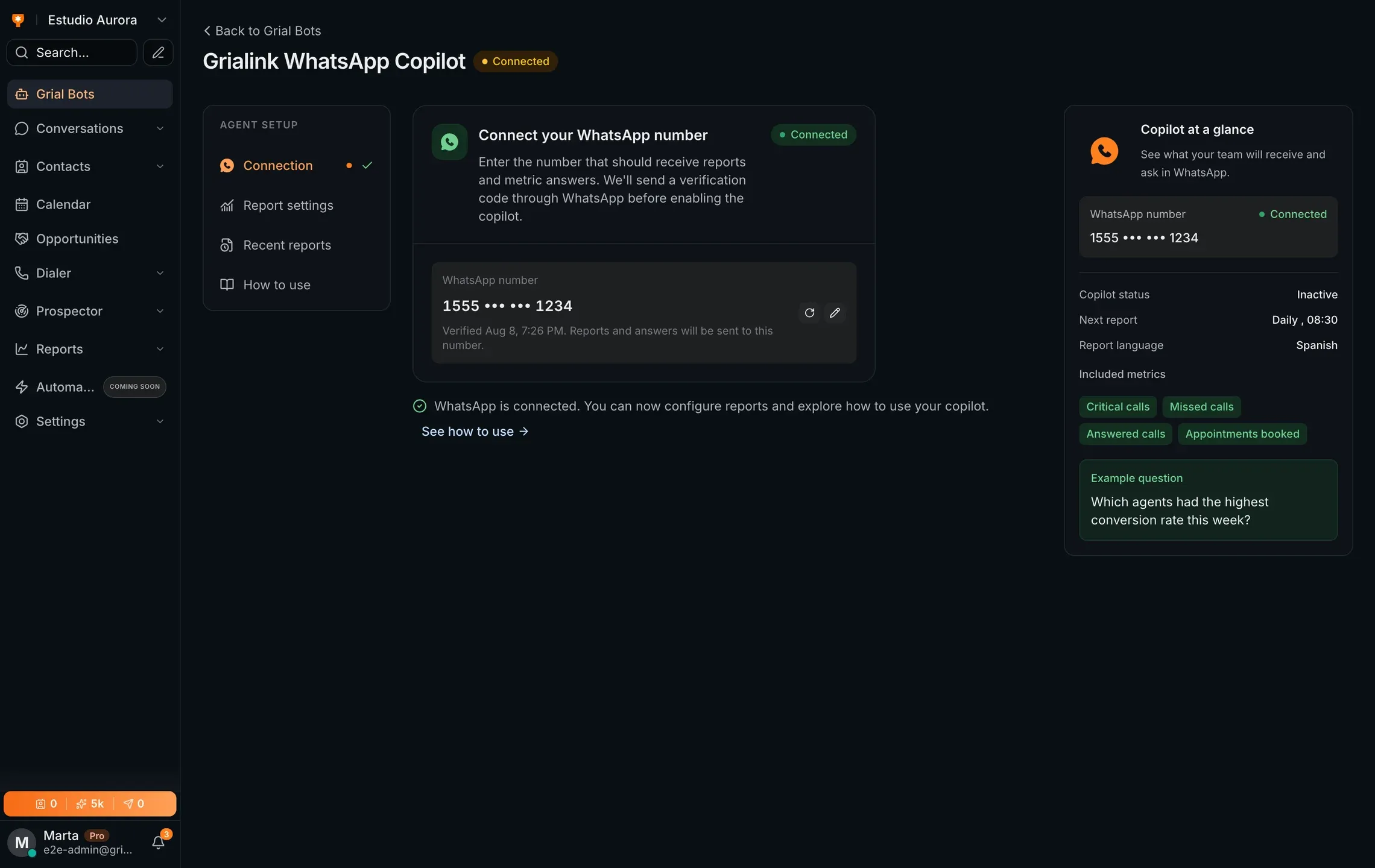 The Grialink WhatsApp Copilot setup screen with a verified number connected and the report summary panel showing frequency, language and included metrics