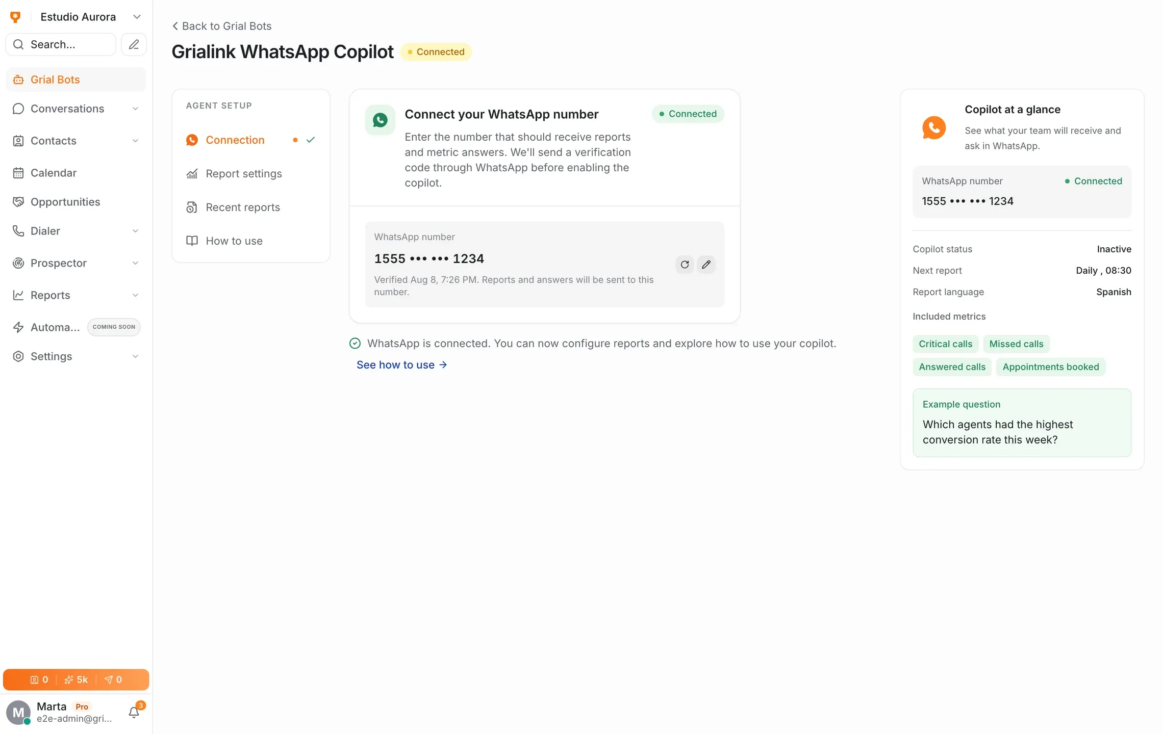 The Grialink WhatsApp Copilot setup screen with a verified number connected and the report summary panel showing frequency, language and included metrics